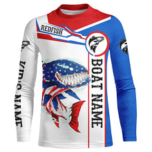 Load image into Gallery viewer, Angry Redfish drum American flag patriotic fishing Custom name and boat name tournament fishing shirts NQS5602