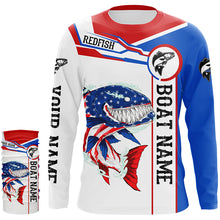 Load image into Gallery viewer, Angry Redfish drum American flag patriotic fishing Custom name and boat name tournament fishing shirts NQS5602