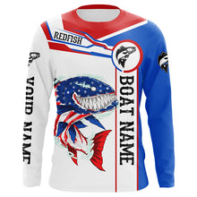 Load image into Gallery viewer, Angry Redfish drum American flag patriotic fishing Custom name and boat name tournament fishing shirts NQS5602