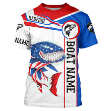 Load image into Gallery viewer, Angry Redfish drum American flag patriotic fishing Custom name and boat name tournament fishing shirts NQS5602