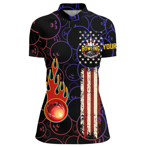 Custom American flag black Bowling Quarter-Zip Shirts For Women, patriotic Bowling tournament Jerseys NQS5615