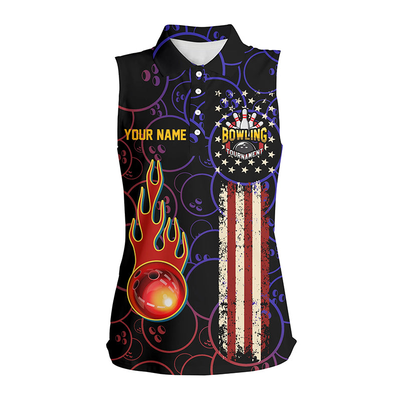 Custom American flag black sleeveless polo Shirts For Women, patriotic Bowling tournament Jerseys NQS5615