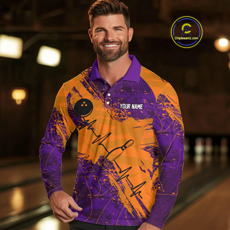 Orange & Purple Grunge Camo Heartbeat Bowling Polo, 1/4 Zip Shirt For Men Custom Bowling Team Jersey NQS10039