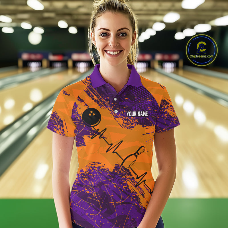 Orange and Purple Grunge Camo Heartbeat Women Bowling Polo, 1/4 Zip Shirt Custom Bowling Team Jersey NQS10039