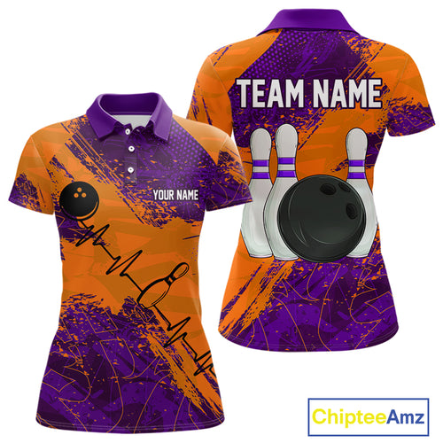 Orange and Purple Grunge Camo Heartbeat Women Bowling Polo, 1/4 Zip Shirt Custom Bowling Team Jersey NQS10039