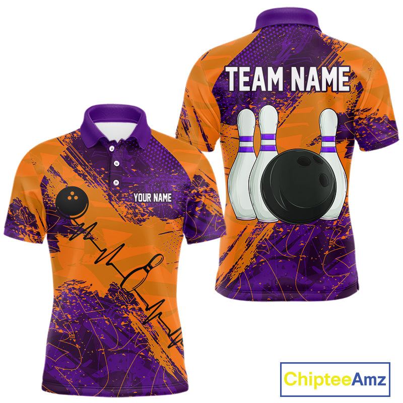Orange & Purple Grunge Camo Heartbeat Bowling Polo, 1/4 Zip Shirt For Men Custom Bowling Team Jersey NQS10039
