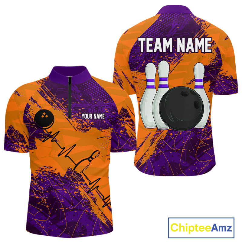 Orange & Purple Grunge Camo Heartbeat Bowling Polo, 1/4 Zip Shirt For Men Custom Bowling Team Jersey NQS10039