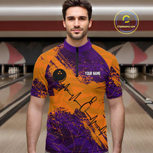 Load image into Gallery viewer, Orange &amp; Purple Grunge Camo Heartbeat Bowling Polo, 1/4 Zip Shirt For Men Custom Bowling Team Jersey NQS10039