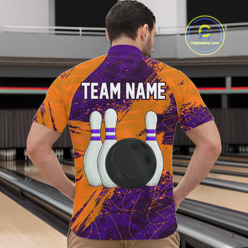 Orange & Purple Grunge Camo Heartbeat Bowling Polo, 1/4 Zip Shirt For Men Custom Bowling Team Jersey NQS10039