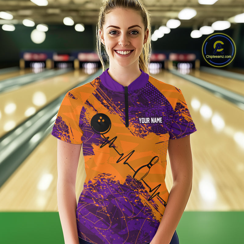 Orange and Purple Grunge Camo Heartbeat Women Bowling Polo, 1/4 Zip Shirt Custom Bowling Team Jersey NQS10039