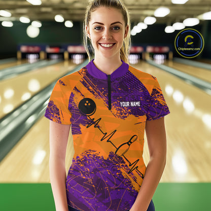 Orange and Purple Grunge Camo Heartbeat Women Bowling Polo, 1/4 Zip Shirt Custom Bowling Team Jersey NQS10039