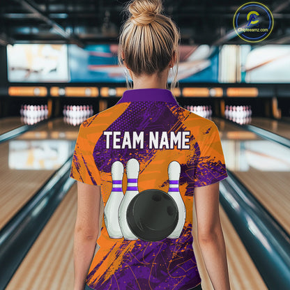 Orange and Purple Grunge Camo Heartbeat Women Bowling Polo, 1/4 Zip Shirt Custom Bowling Team Jersey NQS10039