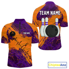 Load image into Gallery viewer, Orange &amp; Purple Grunge Camo Heartbeat Bowling Polo, 1/4 Zip Shirt For Men Custom Bowling Team Jersey NQS10039