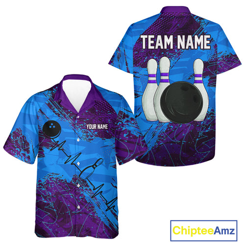 Blue and Purple Grunge Camo Heartbeat Bowling Hawaiian Shirts Custom Bowling Team Button up shirt NQS10040
