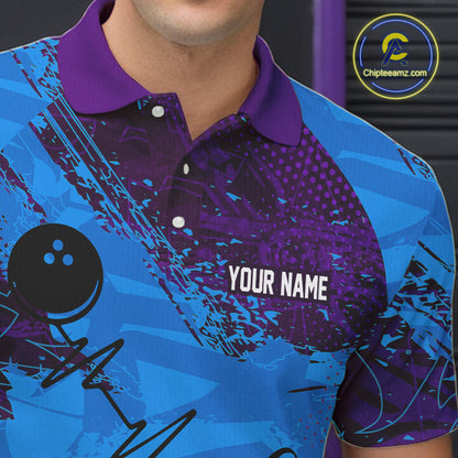Blue and Purple Grunge Camo Heartbeat Bowling Polo, 1/4 Zip Shirt For Men Custom Bowling Team Jersey NQS10040