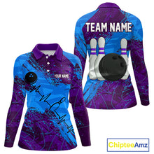 Load image into Gallery viewer, Blue and Purple Grunge Camo Heartbeat Women Bowling Polo, 1/4 Zip Shirt Custom Bowling Team Jersey NQS10040