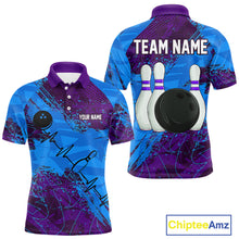 Load image into Gallery viewer, Blue and Purple Grunge Camo Heartbeat Bowling Polo, 1/4 Zip Shirt For Men Custom Bowling Team Jersey NQS10040