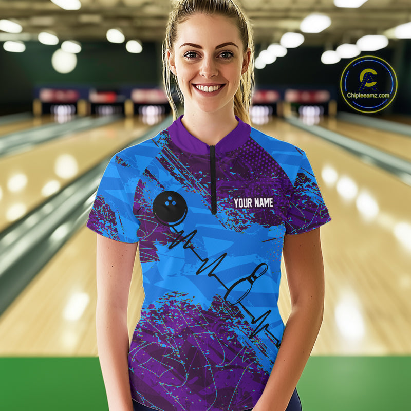 Blue and Purple Grunge Camo Heartbeat Women Bowling Polo, 1/4 Zip Shirt Custom Bowling Team Jersey NQS10040