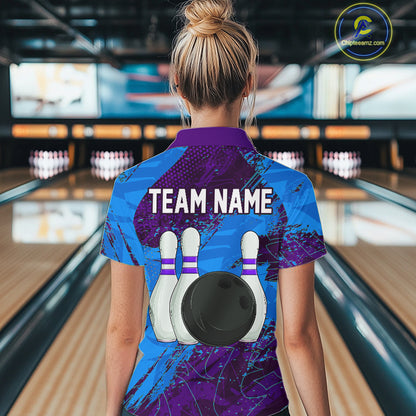 Blue and Purple Grunge Camo Heartbeat Women Bowling Polo, 1/4 Zip Shirt Custom Bowling Team Jersey NQS10040