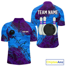 Load image into Gallery viewer, Blue and Purple Grunge Camo Heartbeat Bowling Polo, 1/4 Zip Shirt For Men Custom Bowling Team Jersey NQS10040