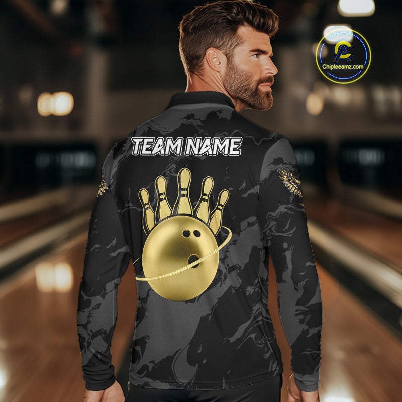 Black and Gold Eagle Bowling Polo, Quarter Zip Shirts For Men custom Bowling league outfits NQS10209