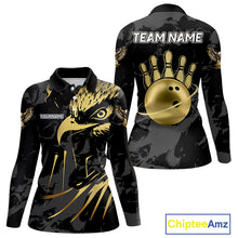 Load image into Gallery viewer, Black and Gold Eagle Bowling Polo, Quarter Zip Shirts For Women custom Bowling league outfits NQS10209
