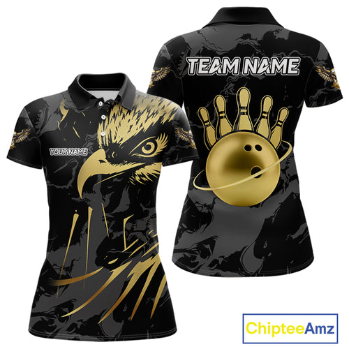 Black and Gold Eagle Bowling Polo, Quarter Zip Shirts For Women custom Bowling league outfits NQS10209