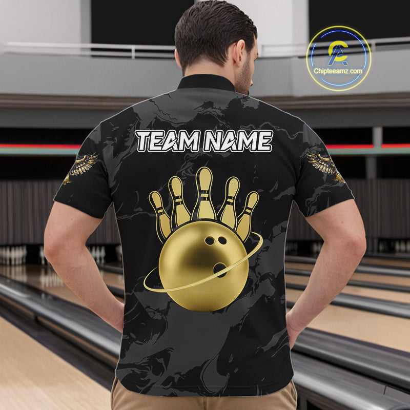 Black and Gold Eagle Bowling Polo, Quarter Zip Shirts For Men custom Bowling league outfits NQS10209