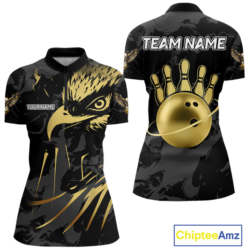 Black and Gold Eagle Bowling Polo, Quarter Zip Shirts For Women custom Bowling league outfits NQS10209