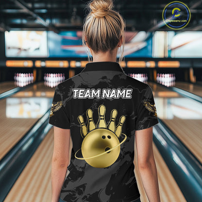 Black and Gold Eagle Bowling Polo, Quarter Zip Shirts For Women custom Bowling league outfits NQS10209
