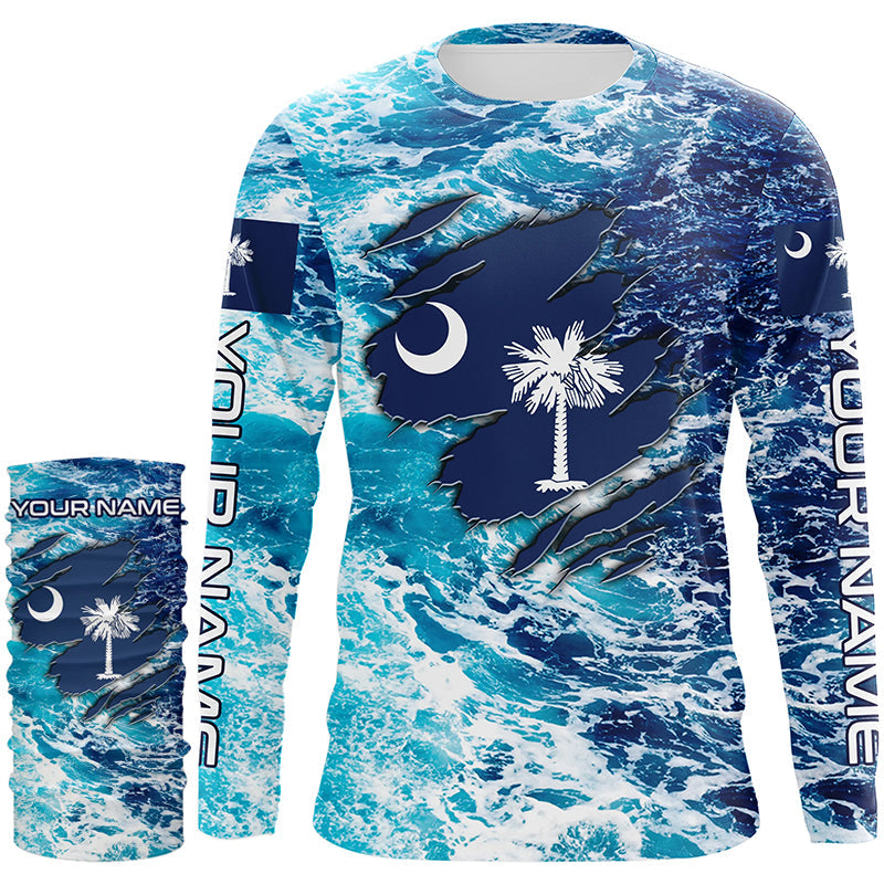 Blue sea wave ocean camo South Carolina flag patriot shirts Custom sun protection fishing shirts NQS8165