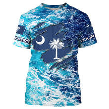 Load image into Gallery viewer, Blue sea wave ocean camo South Carolina flag patriot shirts Custom sun protection fishing shirts NQS8165