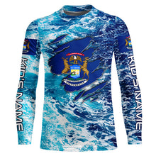 Load image into Gallery viewer, Blue sea wave ocean camo Michigan flag patriot shirt Custom sun protection fishing long sleeve shirts NQS8166