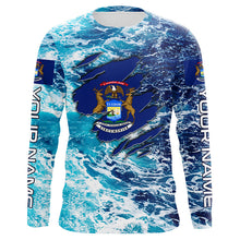 Load image into Gallery viewer, Blue sea wave ocean camo Michigan flag patriot shirt Custom sun protection fishing long sleeve shirts NQS8166