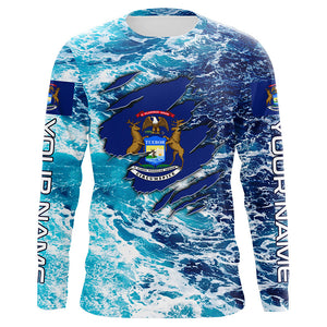 Blue sea wave ocean camo Michigan flag patriot shirt Custom sun protection fishing long sleeve shirts NQS8166