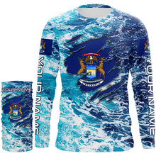 Load image into Gallery viewer, Blue sea wave ocean camo Michigan flag patriot shirt Custom sun protection fishing long sleeve shirts NQS8166