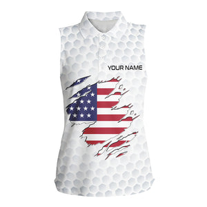 White Golf ball skin American Flag custom patriotic Women sleeveless golf polo shirt, unique golf gift NQS8167