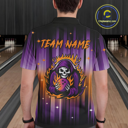 Custom Orange and Purple Flame Skull Halloween Bowling Shirts for Men, Halloween Bowling Team Jersey NQS10358