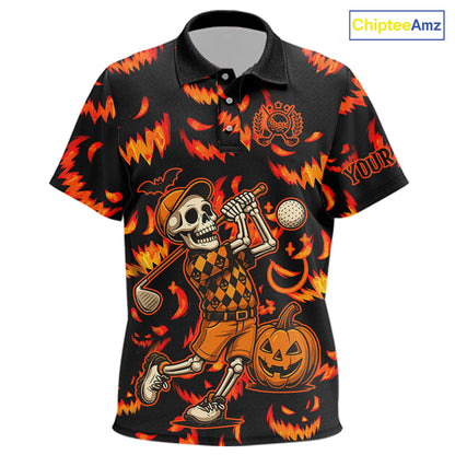 Orange and Black Halloween Pattern Funny Skull Golf polo shirt for Kid Custom Halloween Kid golf top NQS10352