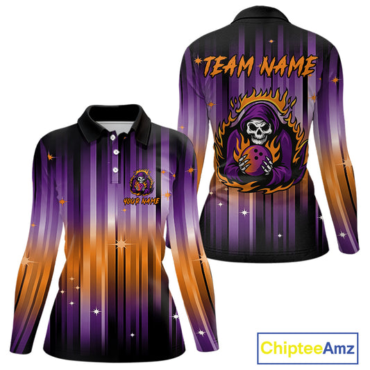 Custom Orange and Purple Flame Skull Halloween Bowling Shirt for Women, Halloween Bowling Team Jersey NQS10358