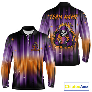 Custom Orange and Purple Flame Skull Halloween Bowling Shirts for Men, Halloween Bowling Team Jersey NQS10358
