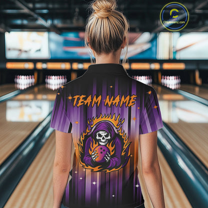 Custom Orange and Purple Flame Skull Halloween Bowling Shirt for Women, Halloween Bowling Team Jersey NQS10358