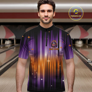 Custom Orange and Purple Flame Skull Halloween Bowling Shirts for Men, Halloween Bowling Team Jersey NQS10358