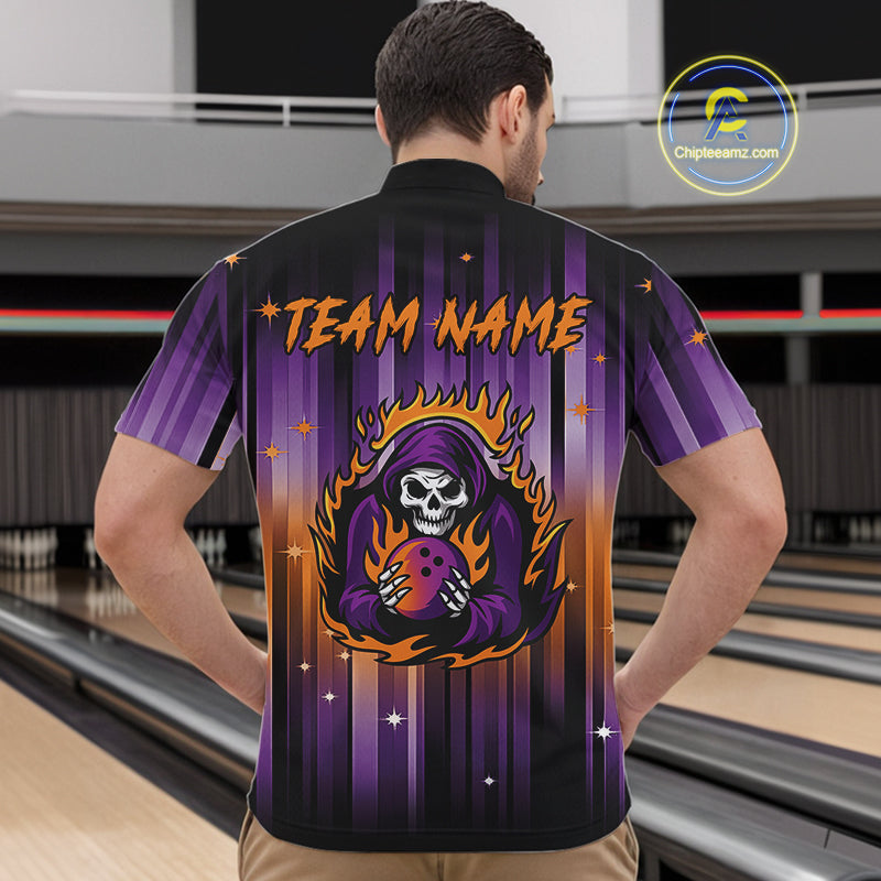 Custom Orange and Purple Flame Skull Halloween Bowling Shirts for Men, Halloween Bowling Team Jersey NQS10358