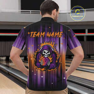 Custom Orange and Purple Flame Skull Halloween Bowling Shirts for Men, Halloween Bowling Team Jersey NQS10358