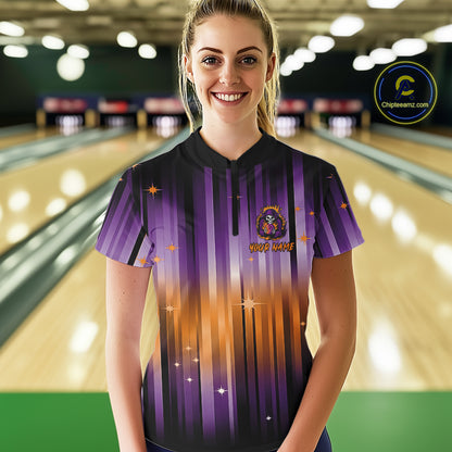 Custom Orange and Purple Flame Skull Halloween Bowling Shirt for Women, Halloween Bowling Team Jersey NQS10358