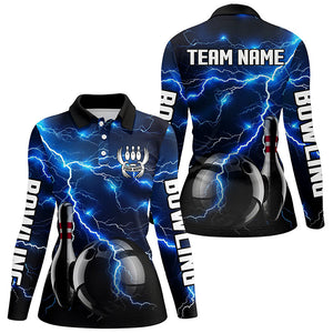 Blue Lightning Thunder Black Women Bowling Polo, Quarter zip Shirt custom storm bowling team jerseys NQS8386