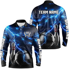 Load image into Gallery viewer, Blue Lightning Thunder Black Bowling Polo, Quarter zip Shirt for men custom storm bowling team jerseys NQS8386