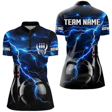 Load image into Gallery viewer, Blue Lightning Thunder Black Women Bowling Polo, Quarter zip Shirt custom storm bowling team jerseys NQS8386