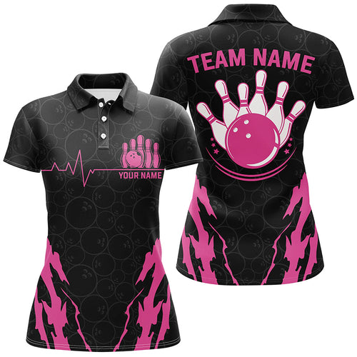 Black Bowling Camo Polo, Quarter zip Shirt for women cool custom jerseys for team bowlers | Pink NQS8388